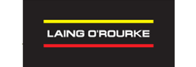 Laing O’Rourke's logo features white text elegantly framed by a striking yellow line above and a bold red line below, all set against a sleek black background.