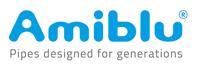 Logo with the text "Amiblu" in blue, followed by a registered trademark symbol. Below, the tagline reads "Pipes designed for generations" in gray.
